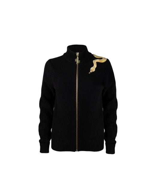 House of Laines London Black Laines Couture Cashmere-Wool Zip Cardigan With Hand-Embellished Shoulder Snake