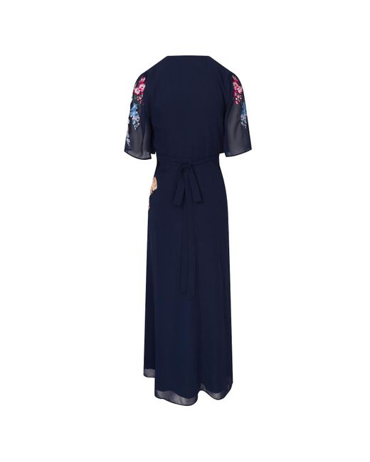 Hope & Ivy Blue The Gisela Embroidered Flutter Sleeve Maxi Wrap Dress With Tie Waist