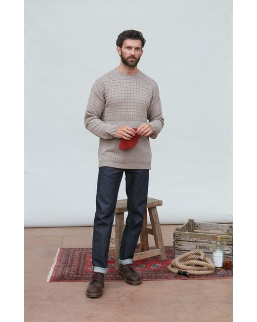 Paul James Knitwear Gray Midweight Cotton Sennen Grid Knit Gansey Jumper for men