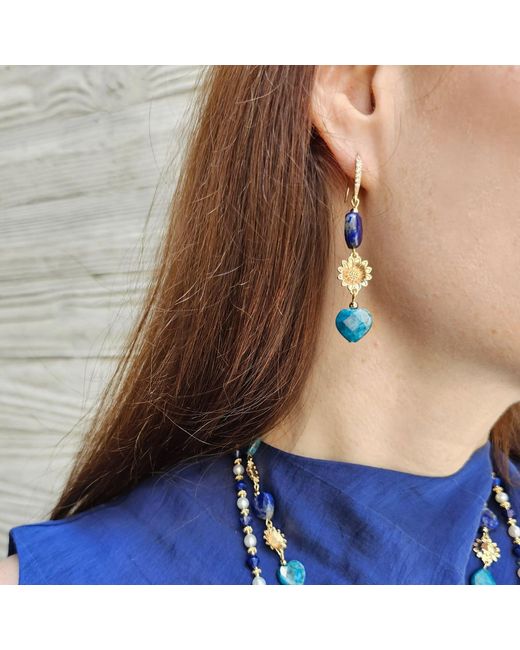 Farra Blue Heart-Shaped Lapis And Apatite Flower Dangle Earrings