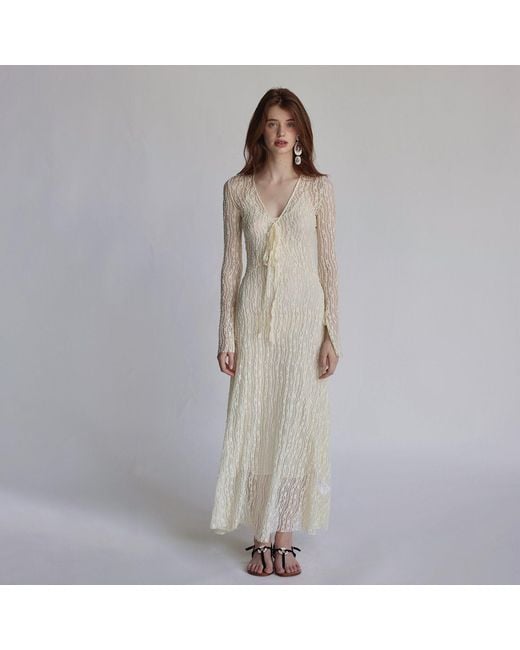 Belsize25 Natural Trumpet Dress Flared Sleeve Sheer Lace Knit Dress