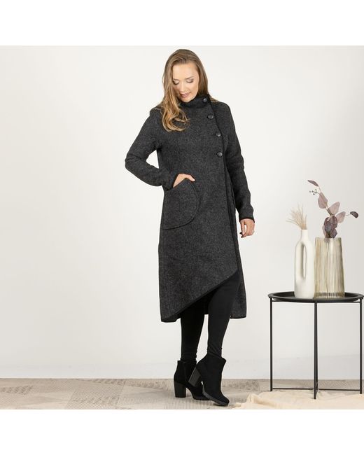 Nikka Place Black Asymmetrical Boiled Wool Cardigan With Buttons And High Neck