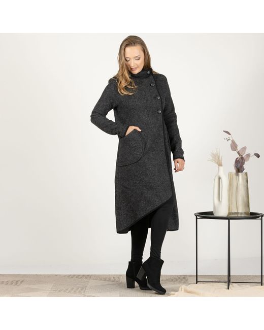 Nikka Place Black Asymmetrical Boiled Wool Cardigan With Buttons And High Neck