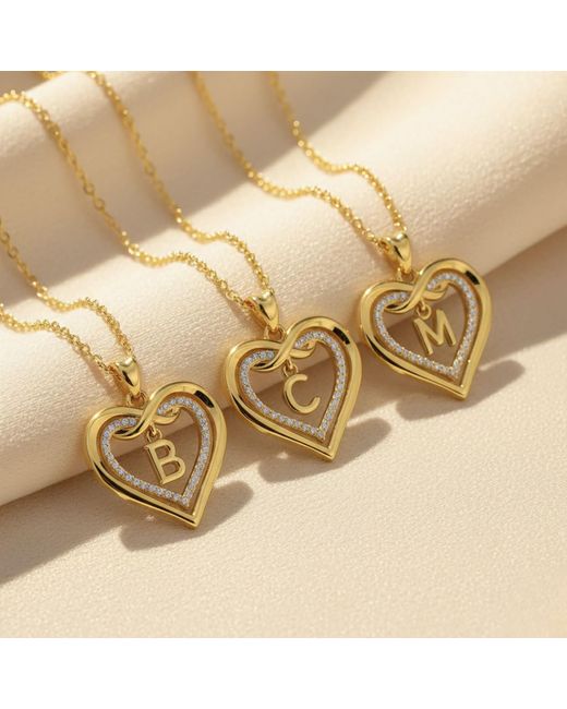 Harfi Metallic Statement Love Heart Initial Necklace Plated Charm Necklace