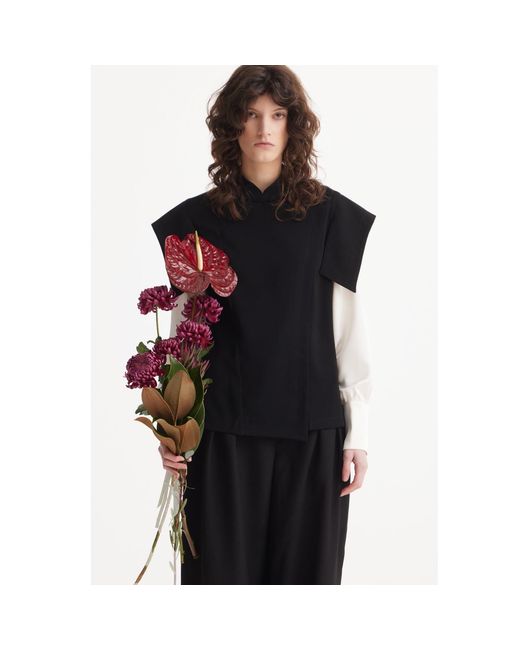 Julia Allert Black Tailored Blazer-Style Blouse With Satin Sleeves