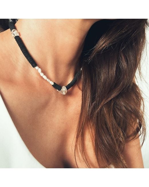 WAIWAI Black Leather Necklace With Pearls And Clear Quartz Crystals