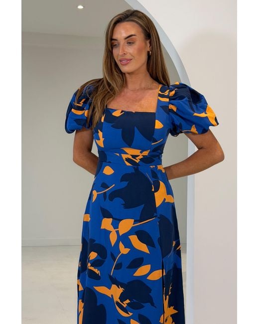 Girl In Mind Blue Shanice Cobalt & Floral Square Neck Midi Dress