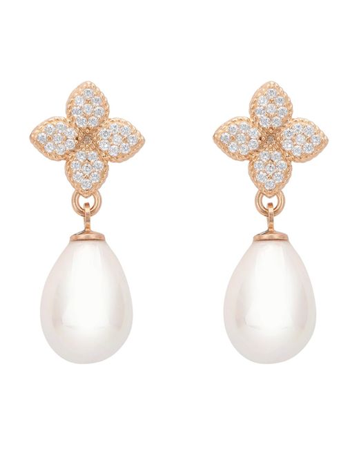 Latelita London White Rose Clover Flower Pearl Drop Cz Earrings Rosegold