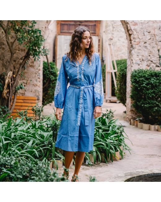 LAtelier London Blue Embroidered Midi Shirt Dress