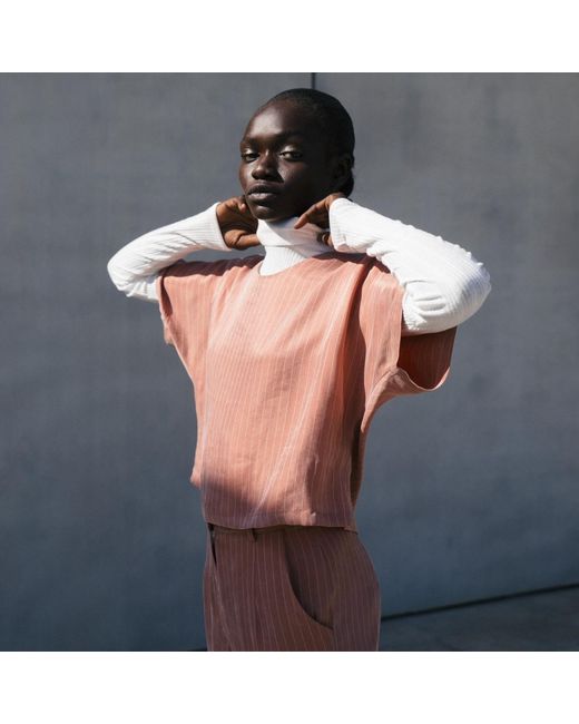 By Noa Rawitz Purple Cupro Boat Neckline Dolman Short Sleeves Top- Peach/ Light And Pinstripe