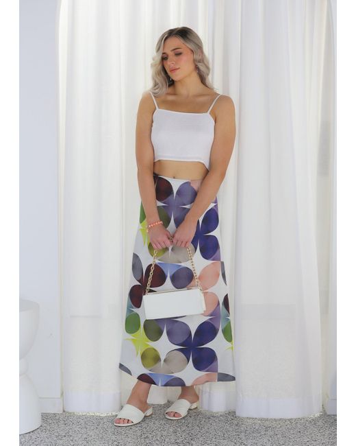 Why Mary Blue Linen Viscose Midi A-Line Printed Skirt
