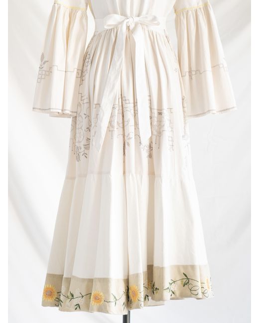 Sugar Cream Vintage White Re-design Upcycled Sunflower Embroidered Beige Border Maxi Dress