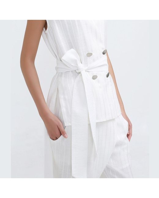 Smart and Joy White Double Breasted Mixed Fabric Blazer