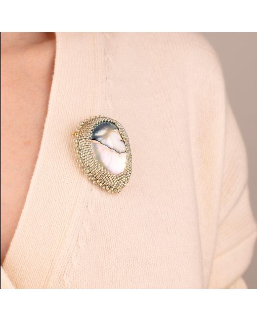 Oana Savu Multicolor Beaded Nautilus Seashell Goddess Brooch Sterling Pin