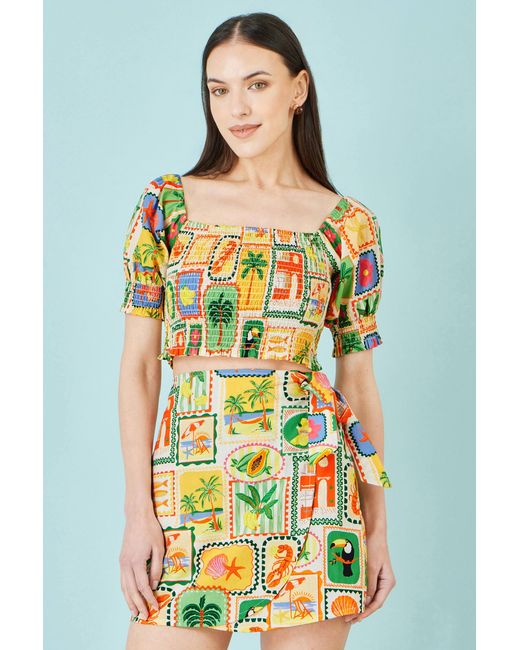 Yumi' Yellow Multicolour Cropped Shirred Cotton Postcard Print Top