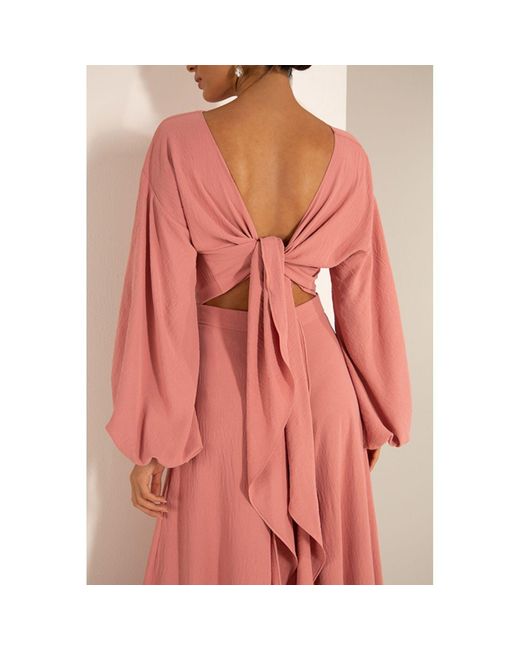 Azzali Red Long And Puffy Sleeves Top With Low Bow-Rose Tan