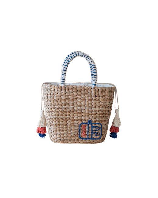 LIKHÂ Blue Neutrals Handwoven Seagrass Sardine Can Tote Bag With Tassels