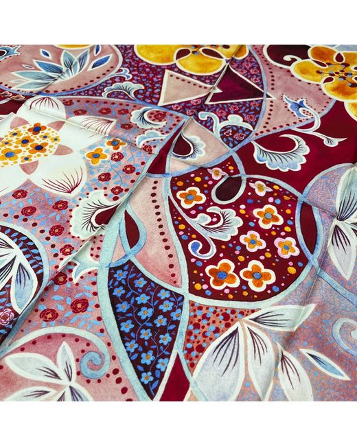 Wenzi Red Rhythms Of Bloom Hand Painted Pattern Double Sided Silk Twill Scarf
