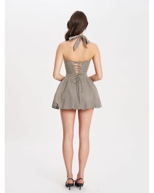 Miss Circle New York Gray Neutrals Dacia Plaid Halter Lace-Up Bubble Mini Dress