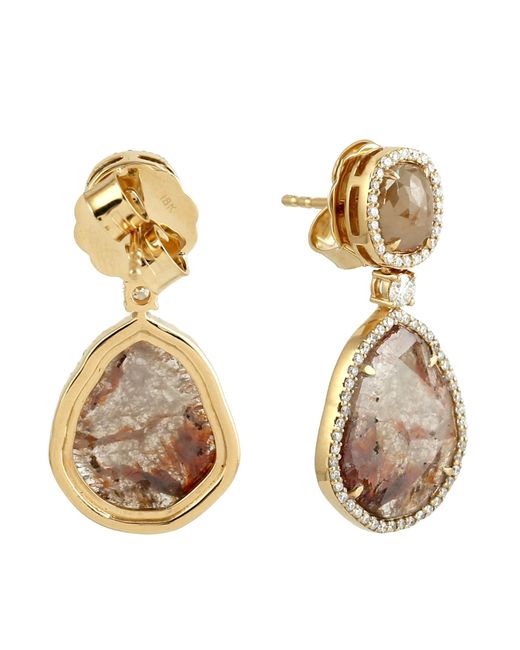 Artisan Brown Natural Ice Diamond & Slice Diamond In 18k White Gold Designer Dangle Earrings