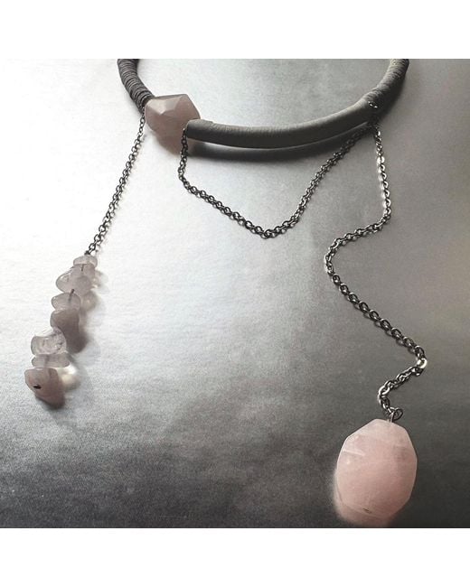 WAIWAI White Leather Choker With Rose Quartz And Chain Detail