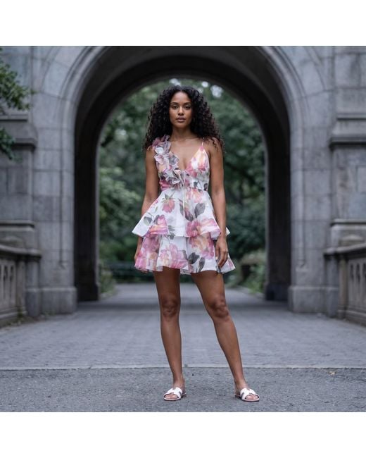 Modenaire Pink Floral Printed Mini Dress With Ruffle Layers And Tie Waist