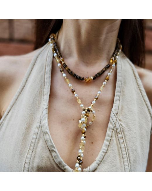 Farra Metallic Tiger-Eye With Heart Shaped Citrine Short Necklace
