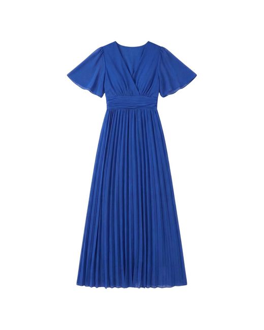 LAtelier London Blue Royal Pleated Midi Dress With Flutter Sleeves