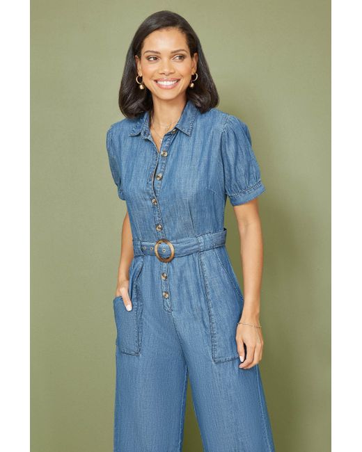 Yumi' Blue Cotton Chambray Button Up Jumpsuit