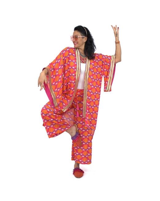 Lalipop Design Red Multi-Color Abstract Viscose Kimono Embellished With Golden Embroidery Details