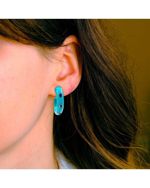 Michael Nash Jewelry Blue Resin Hoop Earrings With Faceted Lapis Glass Pear Stones