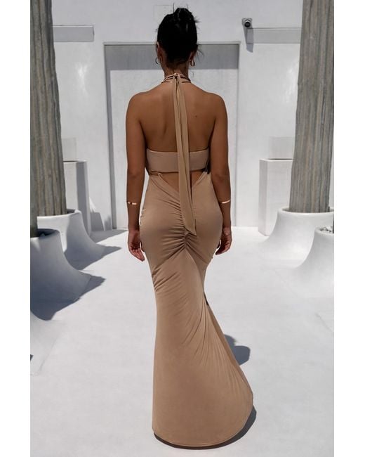 Monice London Natural Selene- Backless & Bra Friendly Halter Maxi Dress