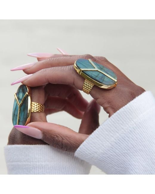 YAA YAA LONDON Multicolor Yaa Yaa Labradorite Gemstone Gold Statement Ring
