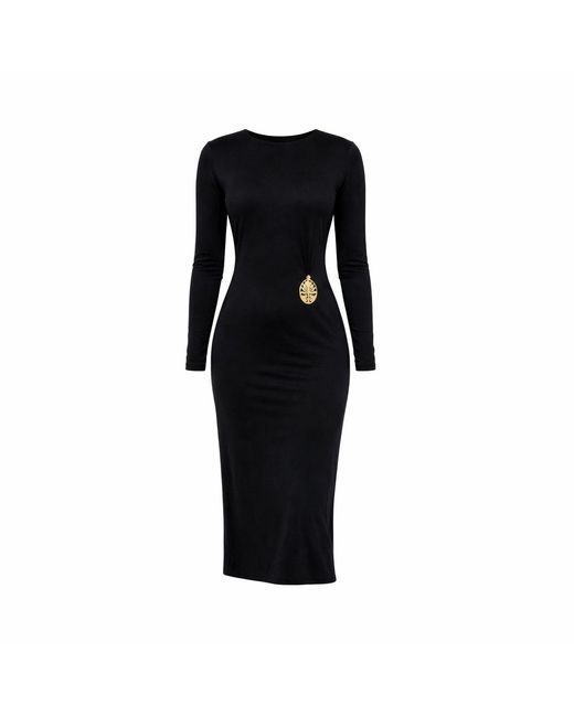 House of Gl Black Onyx Luxury Stretch Knit Long Sleeve Midi Dress With Lotus Emblem
