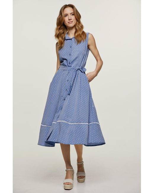 Conquista Blue Polka Dot Button Detail Dress