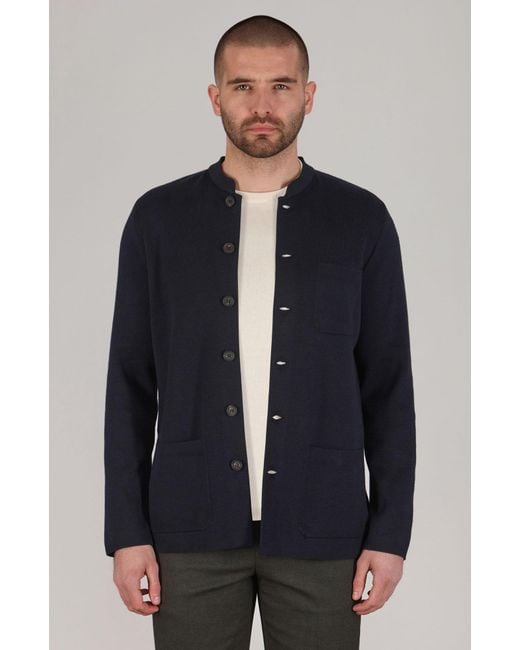 Paul James Knitwear Blue Midweight Cotton Jaipur Knitted Nehru Jacket for men