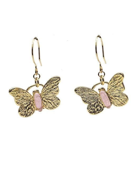 Farra Metallic Butterfly With Rose Quartz Stone Earrings