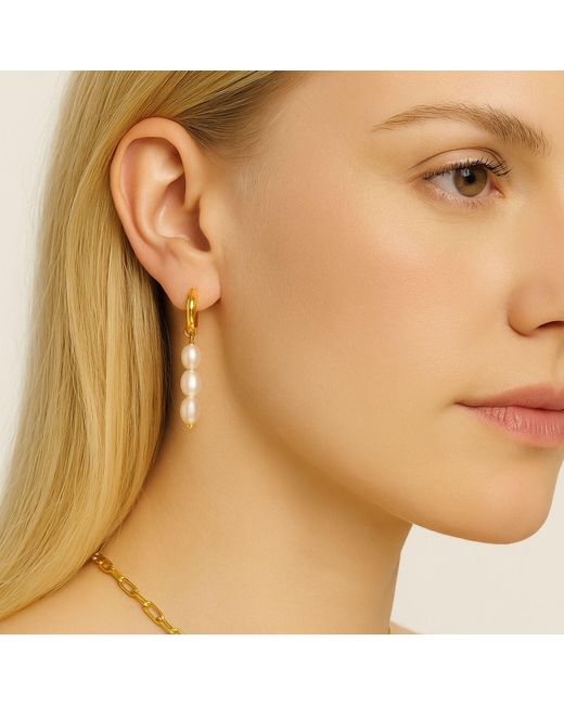My Little Nature Metallic Dangle Freshwater Pearls Earrings With Three Pearls And Plated Hoops