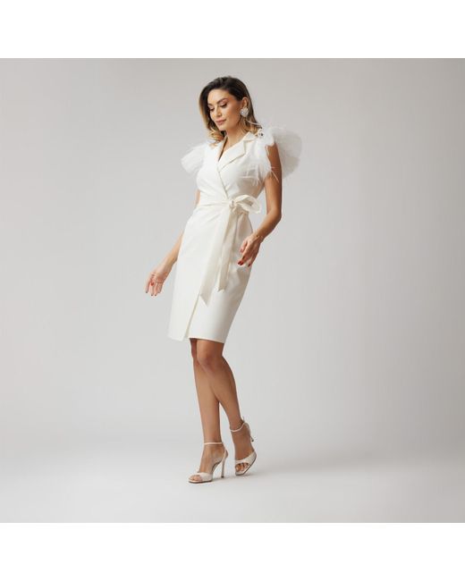 concept A trois White Short Wrap Blazer Dress With Winged Tulle Sleeves
