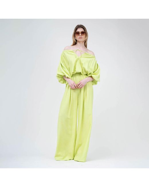 BLUZAT Yellow Neon Linen Matching Set With Flowy Blouse And Wide Leg Trousers