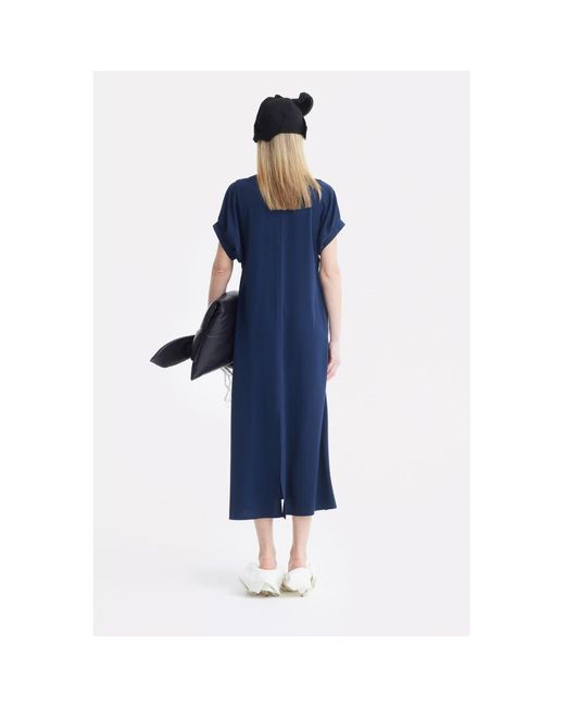 Julia Allert Blue Silky Touch Midi Dark Dress With Handmade Floral Appliqué