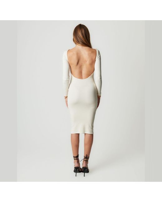 Unum Diem White Neutrals Open Back, Long Sleeve Knit Midi Dress, Neutral