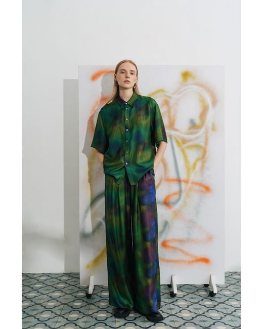 Lost Pattern Green Brooklyn Oversized Silk Shirt