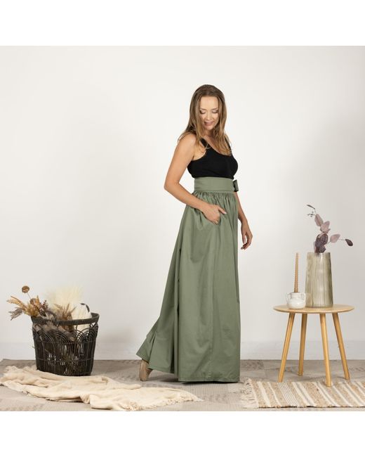 Nikka Place Green High Waist Cotton Gathered Skirt With Front Bow & Pockets