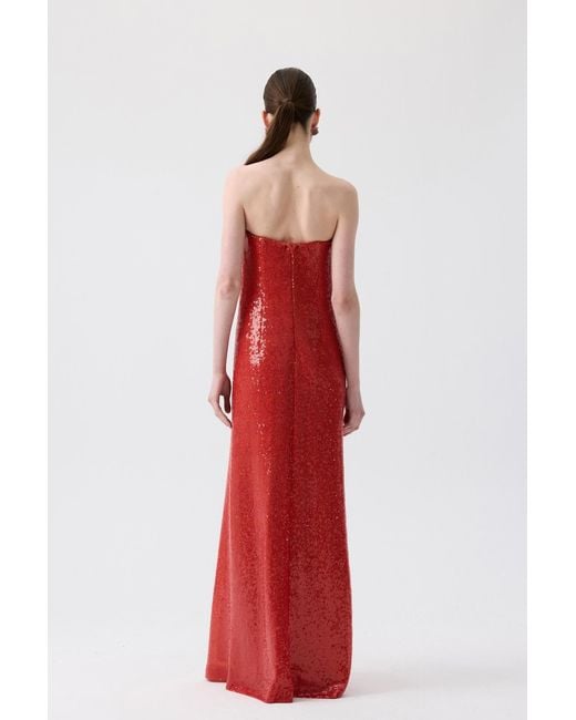 Rue Les Createurs Red Oranj Strapless Long Sequin Dress