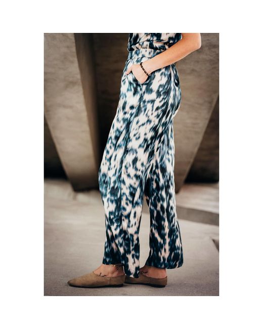 Oh!Zuza Blue Neutrals Echo Wide-Leg Viscose Satin Trousers – Print