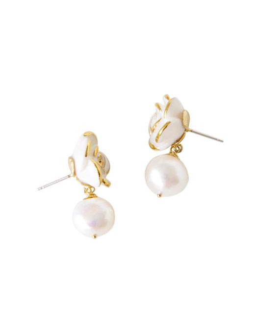 POPORCELAIN Metallic Golden White Cloud Rose Pearl Drop Earrings