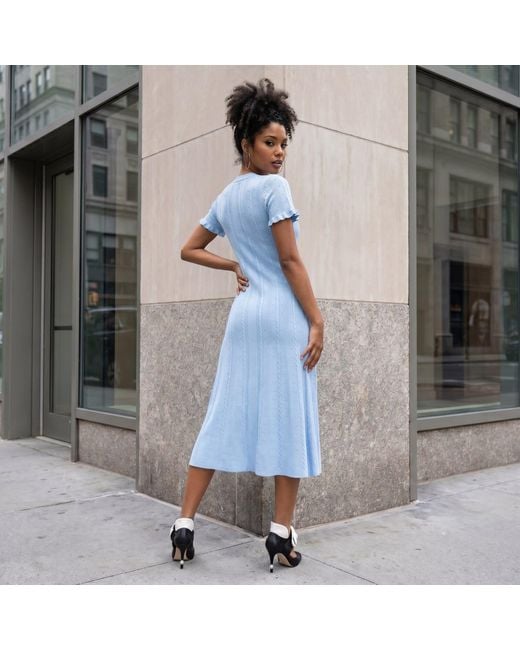 Modenaire Blue Knit Midi Dress Sculpted Button Front