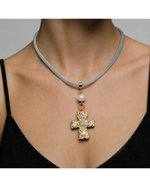 Kirei Metallic Cipher – Stainless Steel Mesh Necklace With Cross, Shell Pearl & Cubic Zirconia