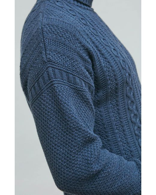 Paul James Knitwear Blue Midweight Cotton Aith Cable Roll Neck Gansey Jumper for men